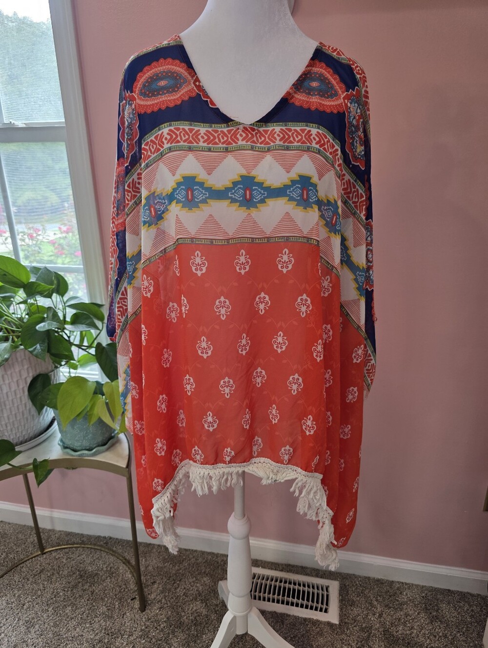 Karlie M/L Boho Printed Kimono Poncho Tunic Fringe Colorful Made USA
